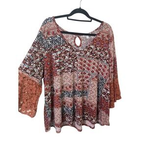 Roommates Patchwork Floral Lace Bell Sleeve Boho Top Rust Plus Size 3X
